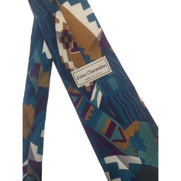 John Clarendon Mens Dress Tie Blue Geometric 100% Silk Designer - Picture 1 of 5